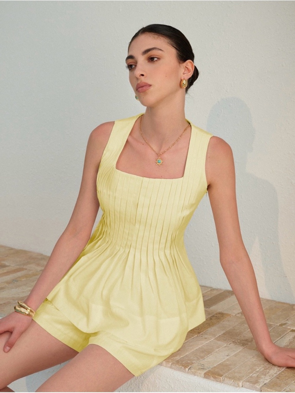 Commense Pale Yellow Pleated Sleeveless Too and Shorts Set